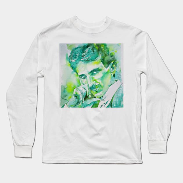 NIKOLA TESLA watercolor portrait .9 Long Sleeve T-Shirt by lautir